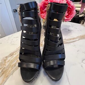 Rachel Zoe Black Cage Platform Heels Gold Zip Front Sandals